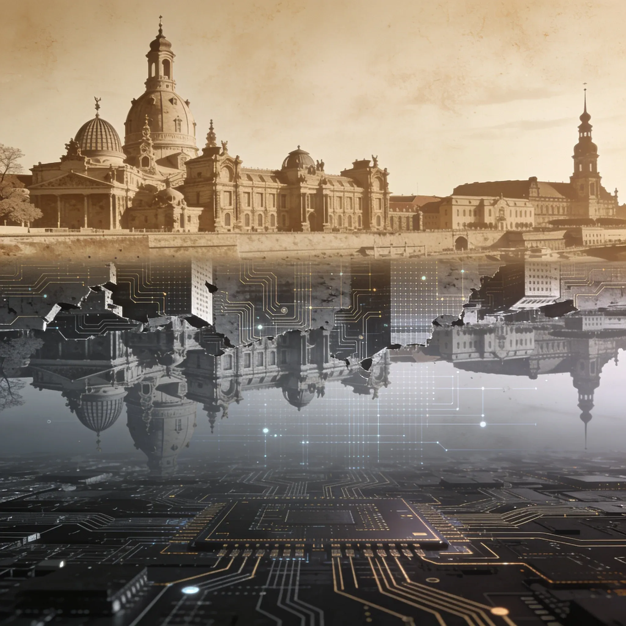 The Dresden skyline, its reflection dissolving into a circuit board